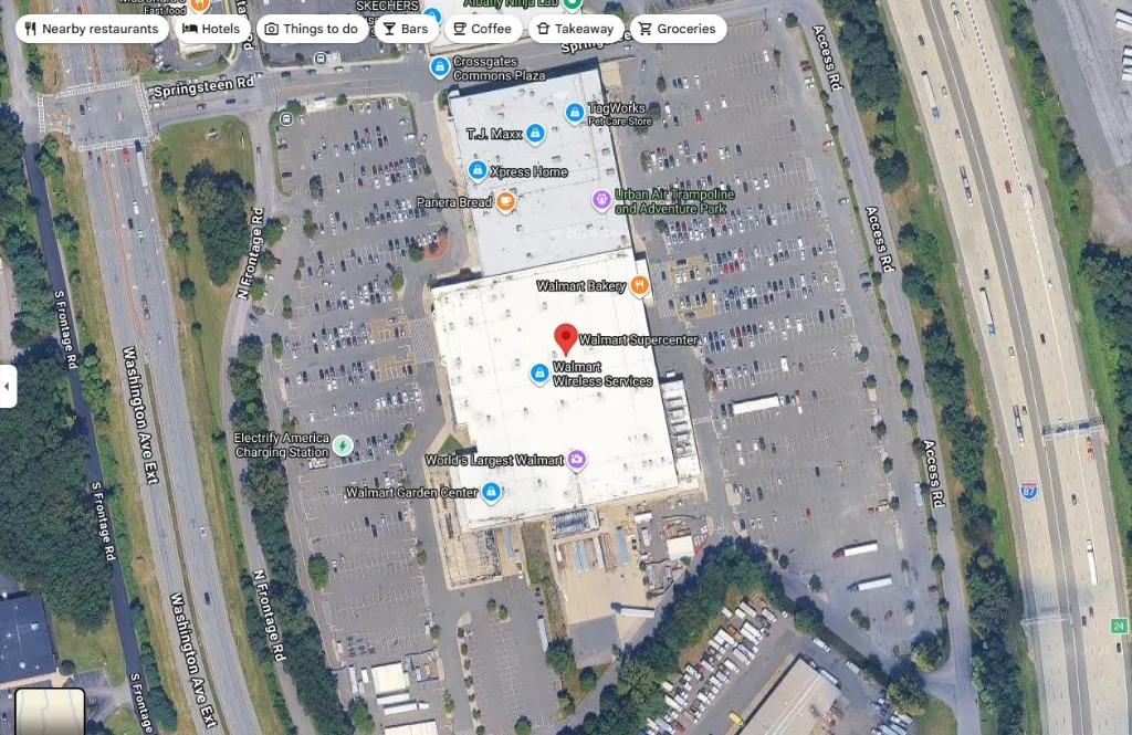 Google Maps satellite view of a Walmart Supercenter parking lot in Albany, New York