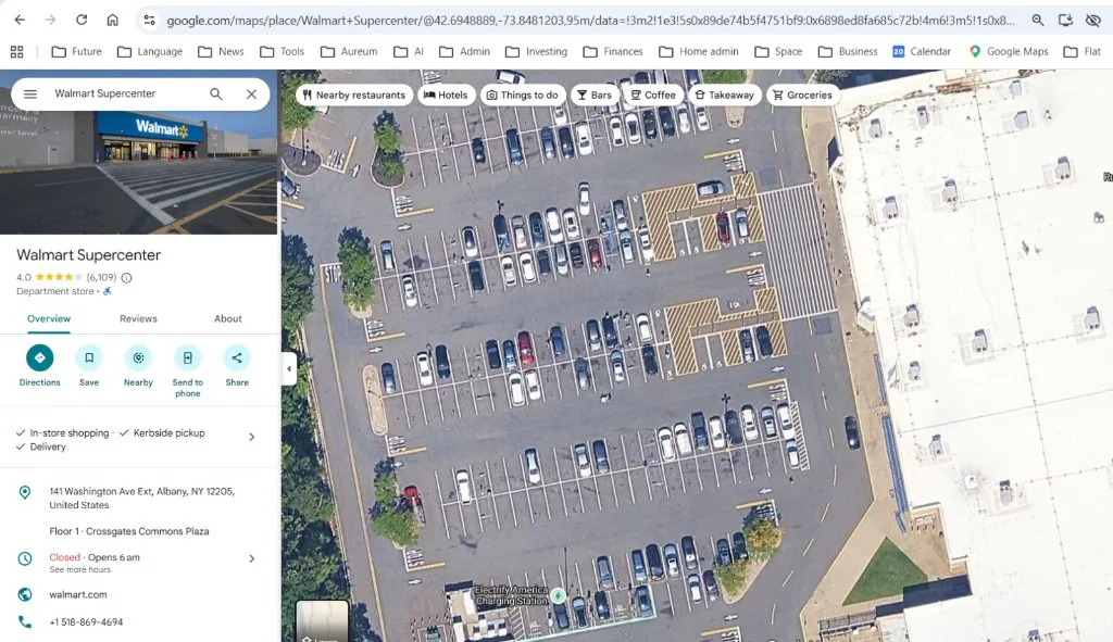 Close-up of individual cars in a Walmart parking lot from high-resolution map imagery