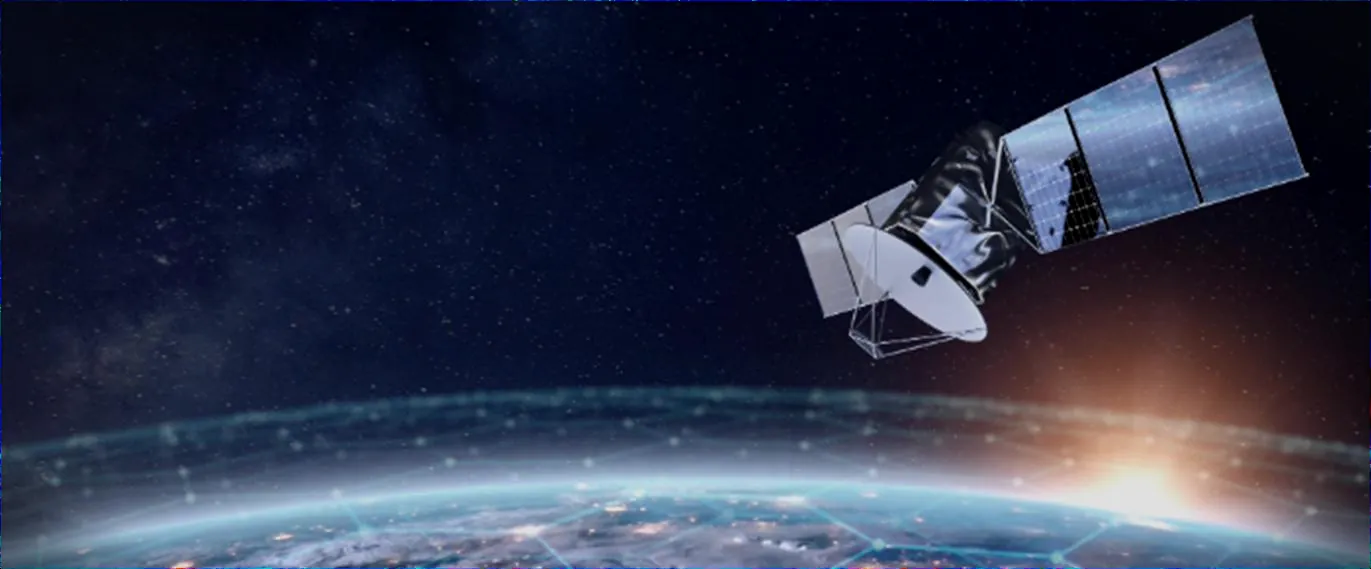 A satellite above the Earth with a digital network overlay
