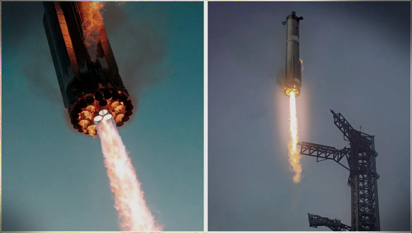 Starship engines and a Falcon rocket in flight